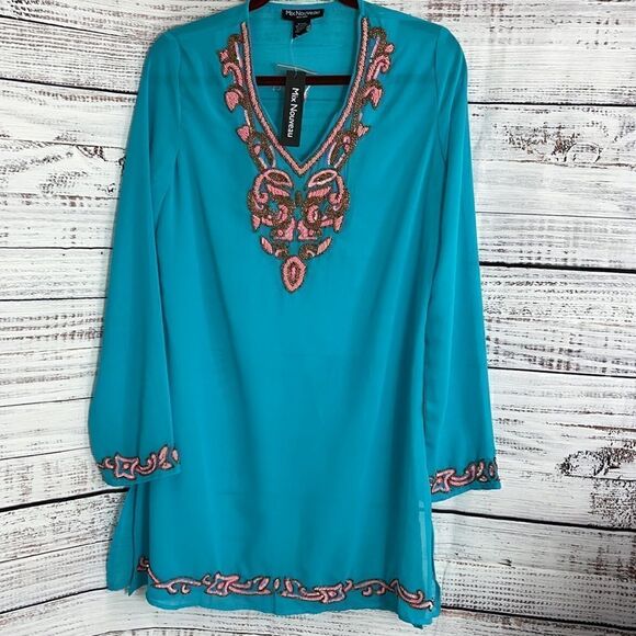 Mix nouveau Tunic Womens size Small chiffon Beaded Boho sequins Aruba Blue New - Picture 2 of 9